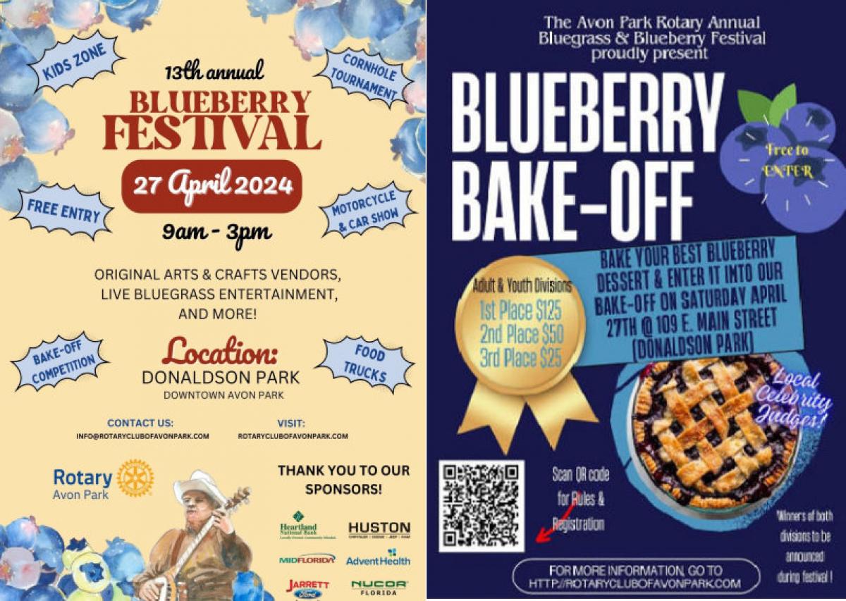 Flyer from the rotary of avon park stating the blueberry festival is april 27th 2024 from 9am to 3pm. Images of blueberries.