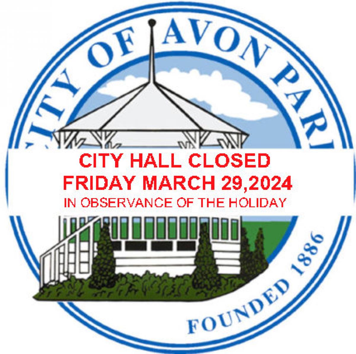 IMAGE OF CITY LOGO WITH PUBLIC NOTICE STATING CITY HALL IS CLOSED 3/29/2024 FOR THE HOLIDAY