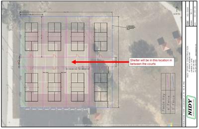 Image of pickleball courts outlined over the current tennis courts to include location of where shelters will be placed.