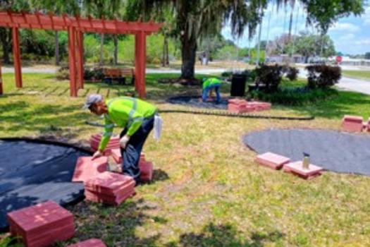 Installation of the new pavers is underway.