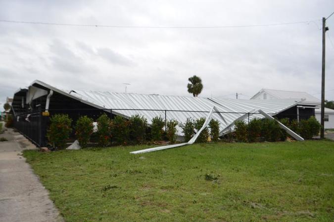 The Avon Park Shuffleboard Club’s pan roof has sustained heavy damage from Hurricane Milton